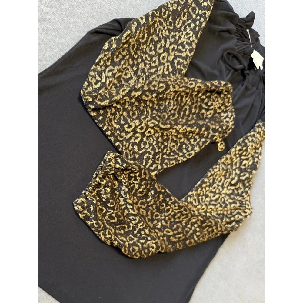 NEW Michael Kors Blouse Black Gold Leopard Print Ruffle Tie Neck Long Sleeve Lrg